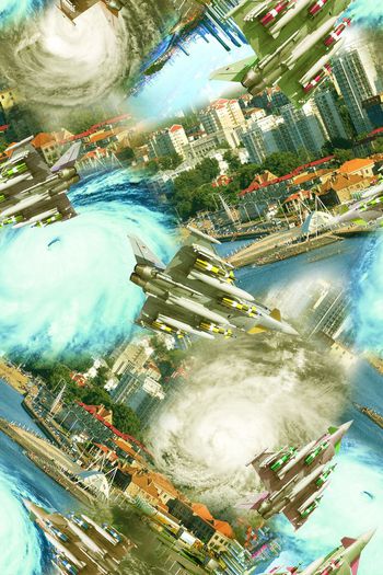 465075-台风来袭城市风景蓝天飞机个性印花