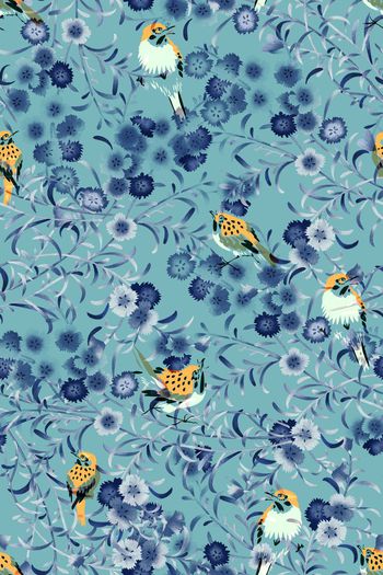 465270-时尚大牌碎花花卉手绘油画风鸟语花香