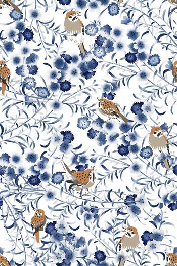 465271-时尚大牌碎花花卉手绘油画风鸟语花香