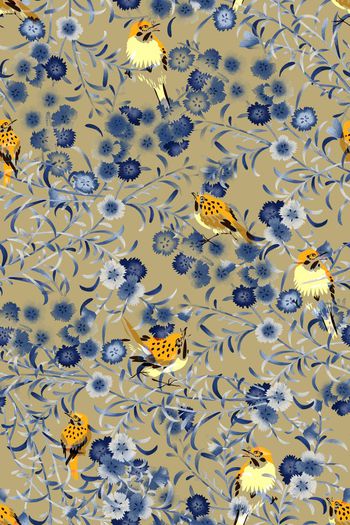 465272-时尚大牌碎花花卉手绘油画风鸟语花香