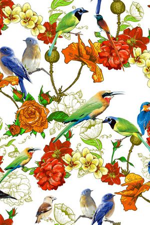 复古玫瑰喜鹊印花华亿平台图片