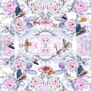 466674-时尚玫瑰花与鸟组合华亿平台