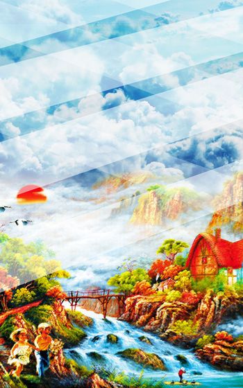 467734-欧式手绘油画田园童话屋定位印花