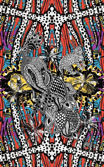 468316-复古手绘丛林动植物孔雀豹子大嘴鸟椰