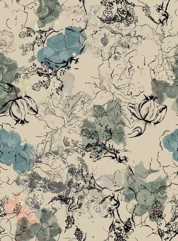 469170-WT487中国风水墨花卉线描休闲印