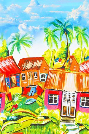 大牌手绘热带雨林房屋印花华亿平台图片