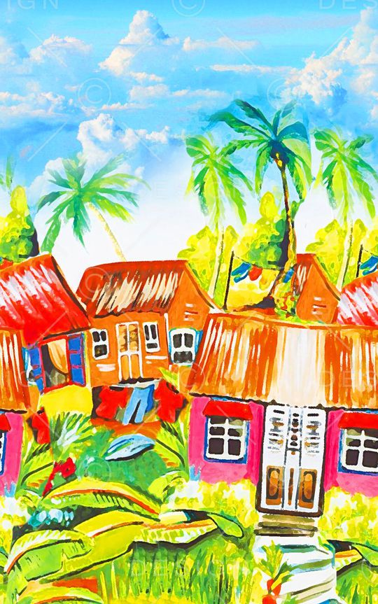 大牌手绘热带雨林房屋印花华亿平台图片