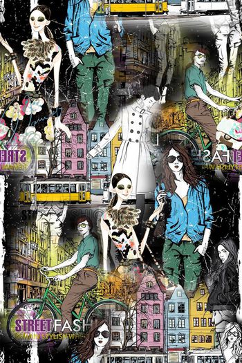 469961-时尚大牌插画风格人物建筑男装T恤女