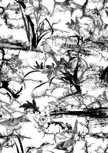 470376-中国风水墨花卉手绘鸟青花瓷靛蓝土石