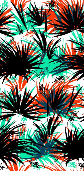470554-热带棕榈叶子多彩剪影印象组合女装连
