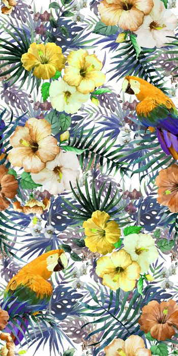 471306-热带  植物 树叶 花卉 鹦鹉 组