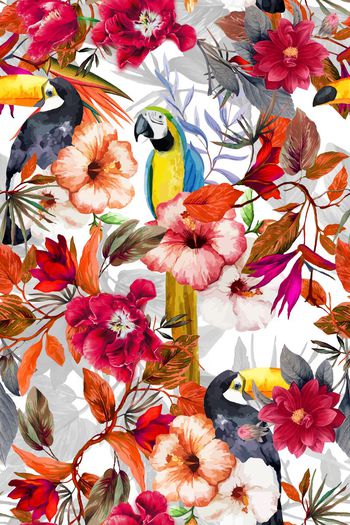 471308-热带  植物 树叶 花卉 鹦鹉 组