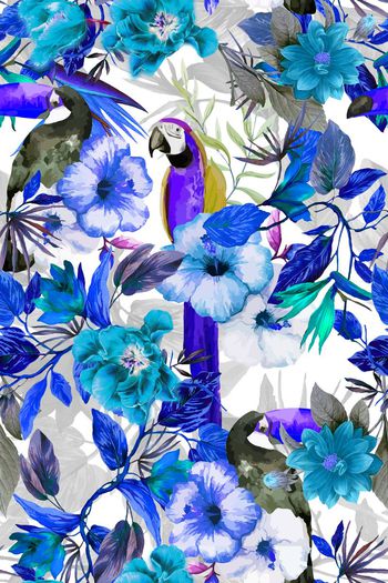 471310-热带  植物 树叶 花卉 鹦鹉 组