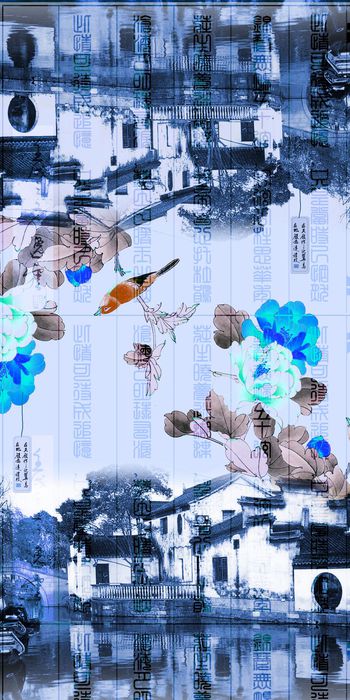 472196-中国风 水乡 古镇 工笔花鸟 独幅