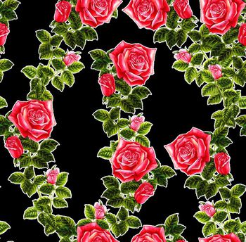472606-大牌流行时尚手绘黑底玫瑰花花卉印花
