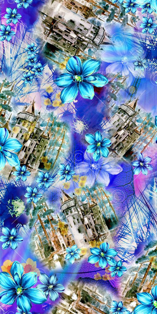 手绘城堡 花卉印花华亿平台图片