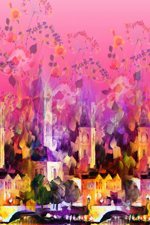 油画建筑 花卉印花华亿平台图片