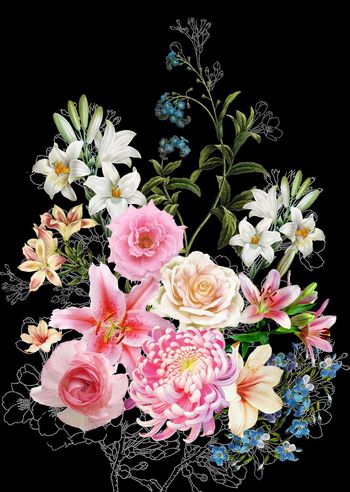 473596-田园休闲风多元素花卉组合手绘线条 