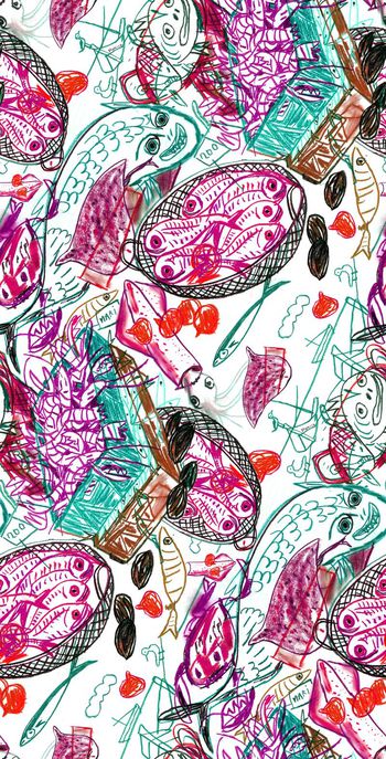 475674-复古 涂鸦系列 海鲜 套餐 女装裙