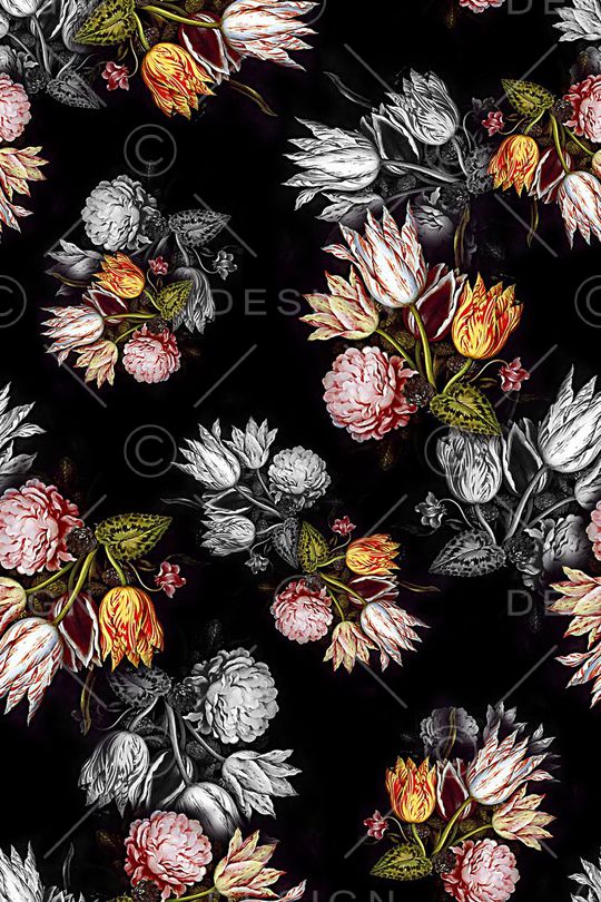 黑底手绘花印花华亿平台图片