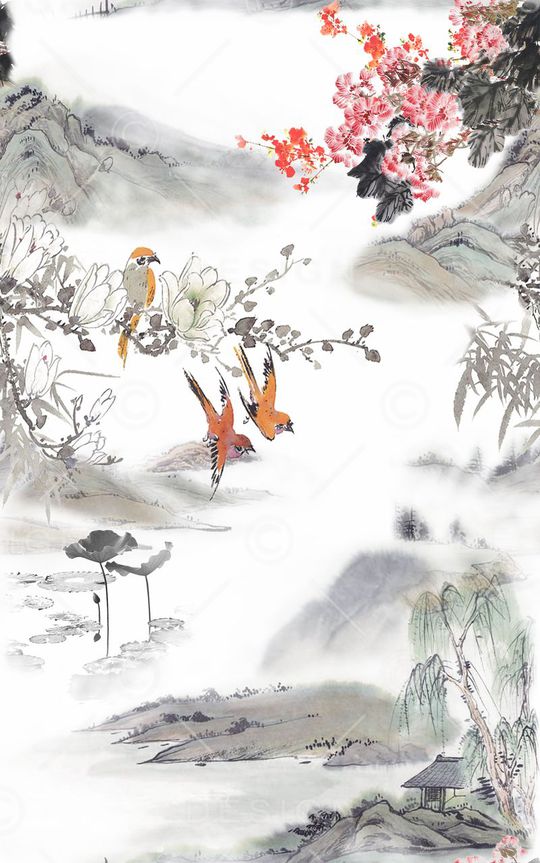 山水画印花华亿平台图片