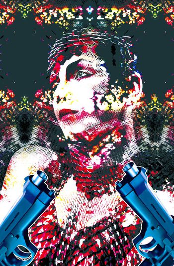 477462-欧美流行时尚枪支珠片美女 个性印花