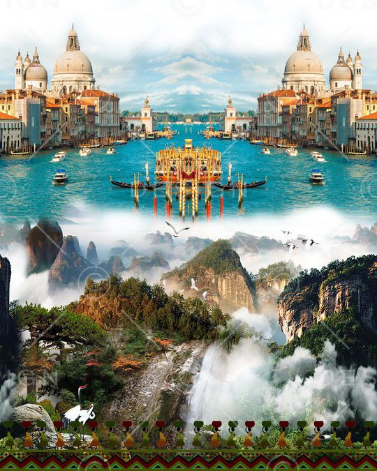 山石风景印花华亿平台图片