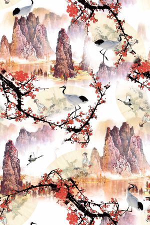 中国风工笔画印花华亿平台图片