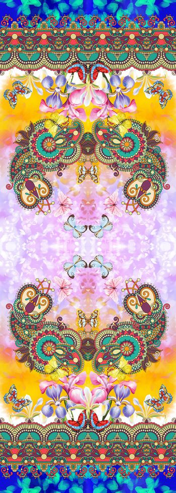 479369-民族风佩斯利花卉兰花蝴蝶手绘渐变底