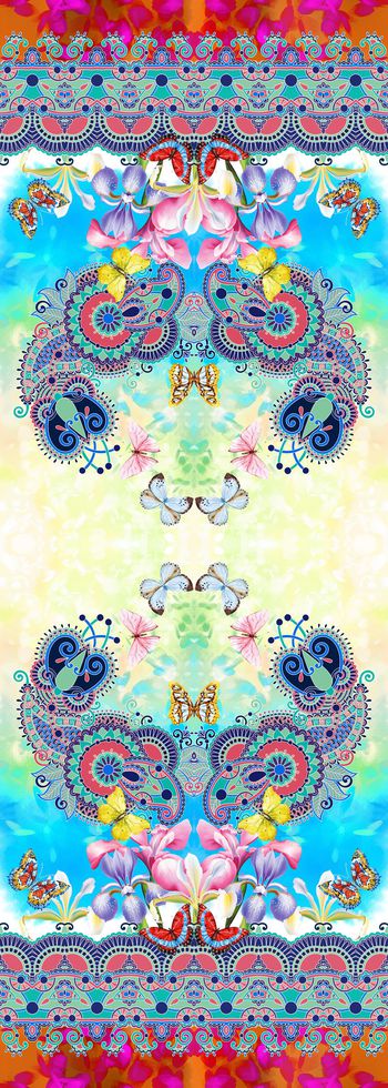 479370-民族风佩斯利花卉兰花蝴蝶手绘渐变底
