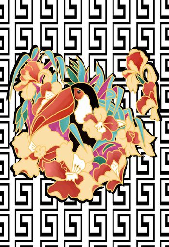 479380-潮流时尚纯电脑手绘鹦鹉花卉组合印花