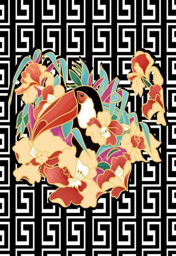 479382-潮流时尚纯电脑手绘鹦鹉花卉组合印花