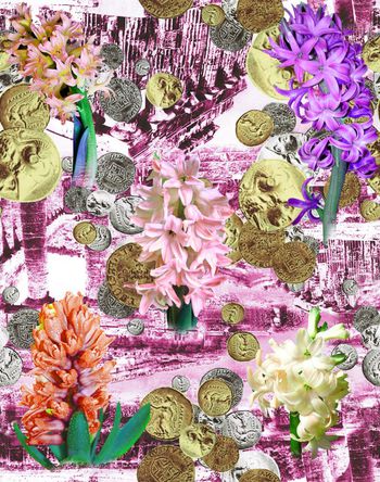 479911-欧美流行时尚风信子钱币混搭印花 -