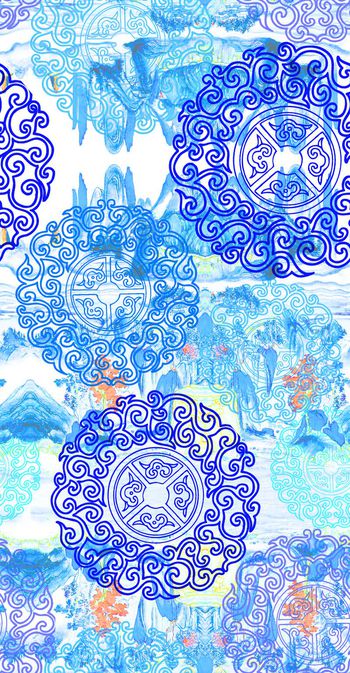 479923-民族中国古风手绘青花瓷山水印花 