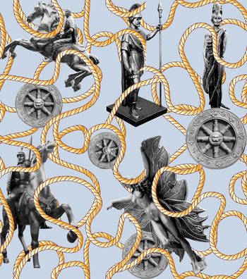 480298-潮流时尚复古建筑雕塑麻绳数码印花