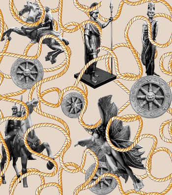 480299-潮流时尚复古建筑雕塑麻绳数码印花