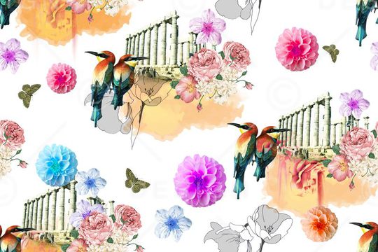 花卉建筑鸟印花华亿平台图片