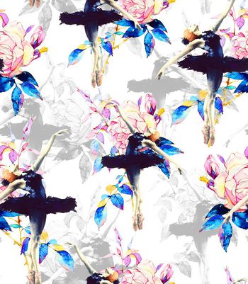 481214-欧美流行时尚手绘芭蕾舞者花卉印花