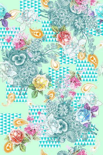 482159-欧洲田园手绘玫瑰花卉欧式花纹佩斯利