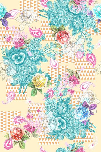 482161-欧洲田园手绘玫瑰花卉欧式花纹佩斯利