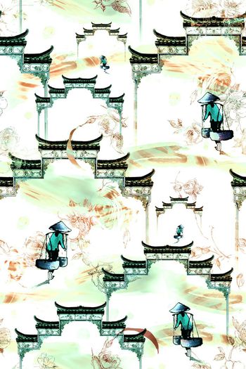 482325-中国风 古典 建筑 花卉 服装 面