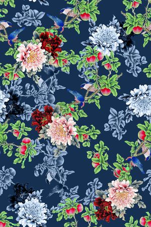 手绘中国风元素组合印花华亿平台图片