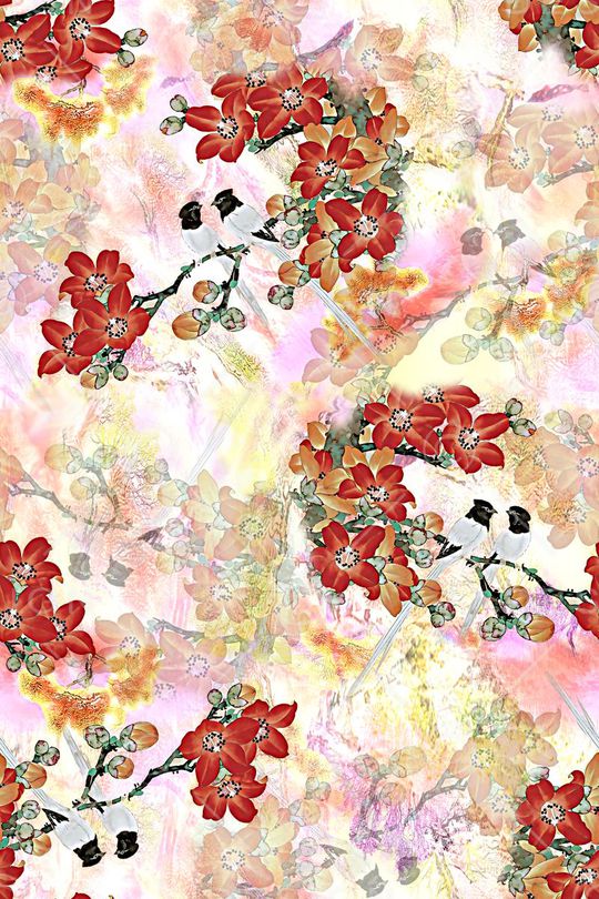 手绘花鸟印花华亿平台图片