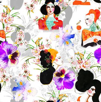 484056-欧美流行时尚手绘人物花卉印花