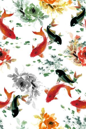 中国风 古典 花卉 鱼印花华亿平台图片