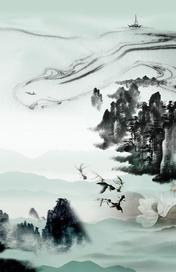 484771-中国风意境水墨山水组合女装棉麻连衣