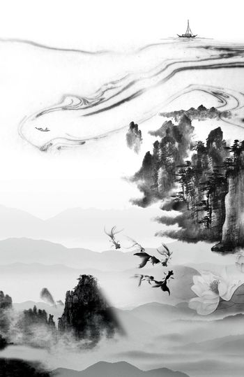 484772-中国风意境水墨山水组合女装棉麻连衣