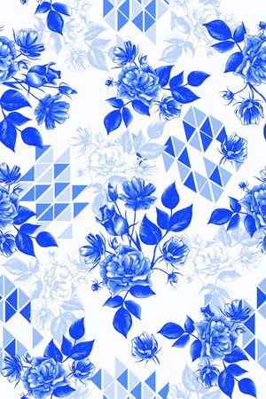 青花瓷 中国风 几何 三角形 手绘 花卉印花华亿平台图片