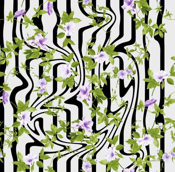 486049-时尚流动条纹清爽手绘花卉数码印花