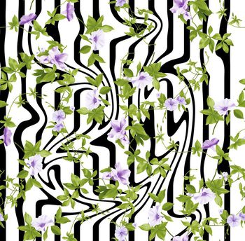 486051-时尚流动条纹清爽手绘花卉数码印花